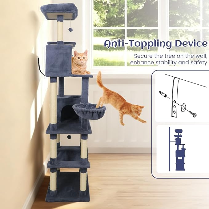 Tangkula 80 Inch Tall Cat Tree, Multi-Level Cat Tower with Sisal Scratching Posts, 2 Condos, Plush Perch, Hammock, Basket, Dangling Toys, Cat Climbing Furniture for Indoor Cats (Dark Gray)