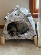Pozico 2-in-1 Cat Bed Tent with Wooden Frame – Cat Teepee & Hammock, Portable Indoor/Outdoor Pet Tent for Cats, Kittens, Small Dogs, and Small Animals – Quick Assembly, White Diamond Design