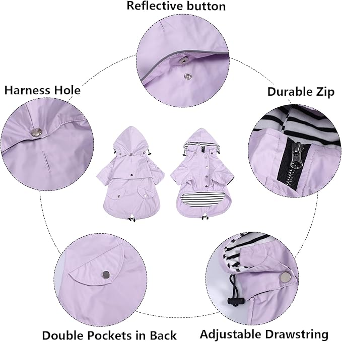 Morezi Dog Zip Up Raincoat with Reflective Buttons, Rain/Water Resistant, Adjustable Drawstring, Removable Hood, Raincoats with Legs 8lbs to 80lbs Available - Purple - XL