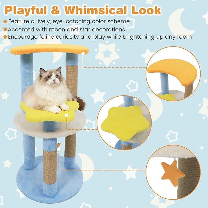 Tangkula Cute Cat Tree, 29 Inch Multi-Level Cat Tower with Jute Scratching Posts, Star & Moon Shaped Platforms, Perch Dangling Toy, Cat Climbing Furniture for Indoor Cats (Blue)