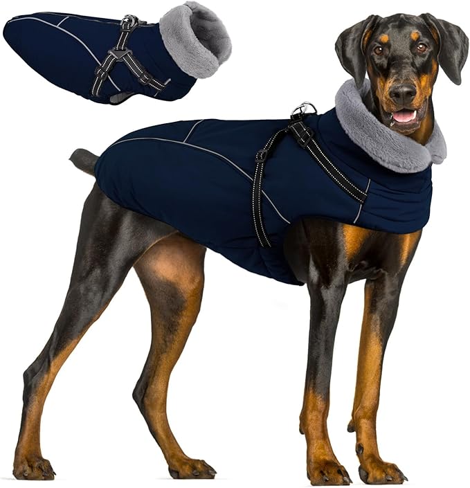 Queenmore Large Dog Jackets,Dog Coats for Extra Large Dogs with Harness Built in,Reflective Waterproof Dogs Jackets with Fleece Lining,Warm Snowsuit Pet Coats for German Shepherd,NavyBlue,XXXL