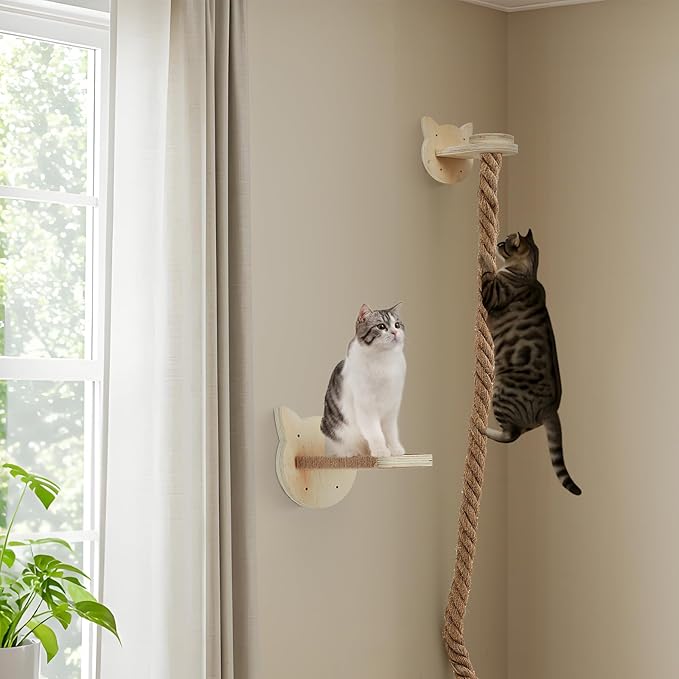 Weysat Cat Tree with 2 x 59.1 Inch Climbing Rope Wall Mounted Cat Climbing Tower Toy with Scratching Post Kitten Rope Ladder with Jumping Platform Wall Steps for Playing and Rest (Wood,Kitten Head)