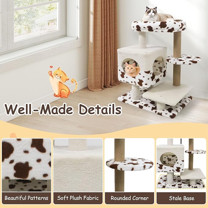 Tangkula 30 Inch Small Cat Tree, Unique Cat Tower with Jute Scratching Post, 2-Door Condo, Padded Top Perch, Jumping Platforms, Cow Print Aesthetic Cat Tree for Indoor Cats