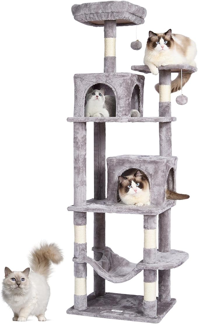 Multi-Level Cat Tree Tower with Sisal Scratching Posts, Plush Condo & Toys - Durable Cat Activity Center for Indoor Cats (Light Grey, 63)