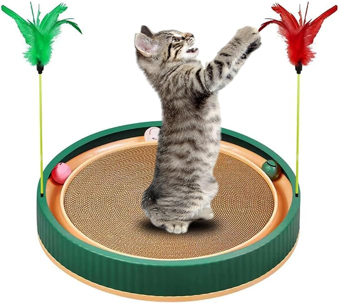 20-Inch Round Cat Scratcher Bed with Ball Track – 3-in-1 Interactive Cardboard Scratching Pad with Feather Toy & Non-Slip Base – Great for Indoor Cats, Active Kittens & Large Breeds (Green)