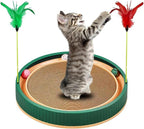 20-Inch Round Cat Scratcher Bed with Ball Track – 3-in-1 Interactive Cardboard Scratching Pad with Feather Toy & Non-Slip Base – Great for Indoor Cats, Active Kittens & Large Breeds (Green)