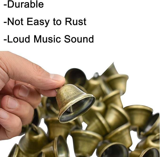 Maydahui 90 PCS Bronze Jingle Bells Brass Color Vintage Small Craft Bell (1.7 X 1.5 Inches) for Wedding Doors Dog Collar Christmas Hallowmas Decor
