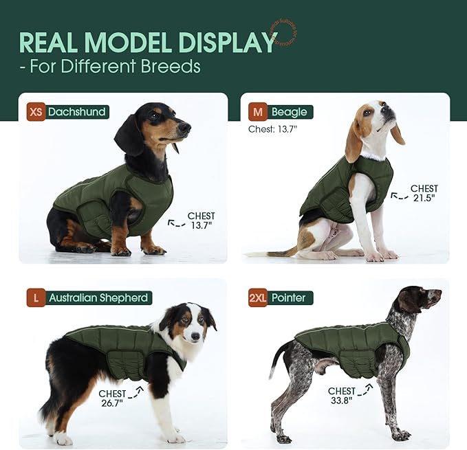 Kuoser Dog Puffer Jacket Warm Dog Coat for Large Dogs, Windproof Reflective Pet Padded Vest Cold Weather Clothes Puppy Snowsuit with Hook & Loop Coats, Easy On/Off, Green XL