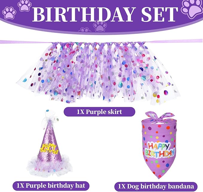 Dog Birthday Hat with Glitter Bandana Dress Set Puppy Birthday Party Supplies Cute Tutu Skirt Costume Outfit for Small Medium Large Dogs Cats Kitten Pet Decorations Purple