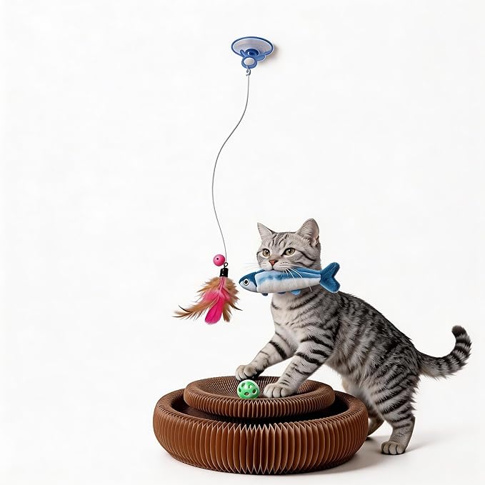 Collapsible Round Cat Scratcher Lounge Bed,Accordion Cardboard Scratching Board for Indoor Large Cats, Kitten Bed & Play Toy,14.2 inch