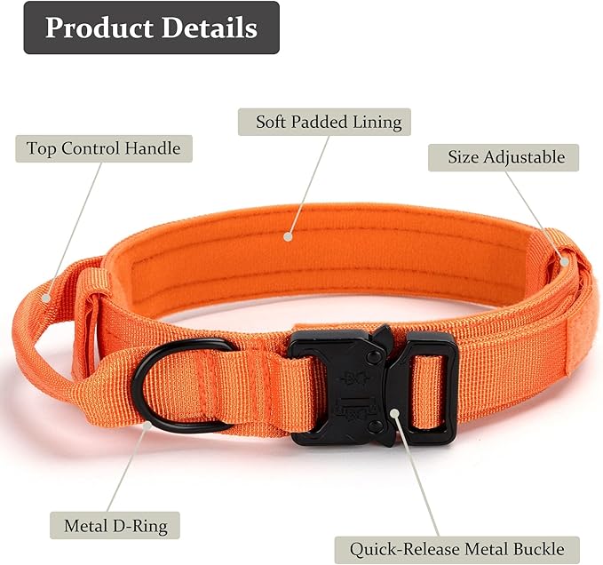 Tactical Dog Collar, Adjustable Military Training Nylon Dog Collar with Control Handle and Heavy Quick-Release Metal Buckle for Small Medium Large Dogs, Orange L