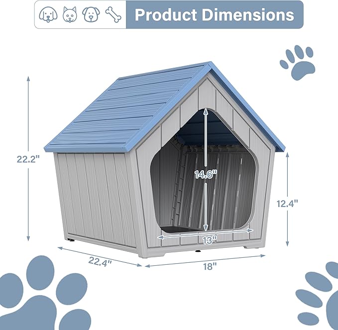 Bifanuo Dog House Outdoor Indoor for Small Dogs - Plastic Pet Shelter, Easy-Assemble & Weather-Resistant for Living Room, Balcony (Blue, 18" L x 22.4" W x 22.2" H)