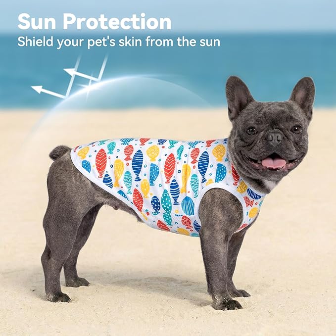 cyeollo 2pack Dog Cooling Shirt, Breathable Sleeveless Summer Clothes for Dogs, Intant Cool T Shirts for Small Dogs, Blue Fish M