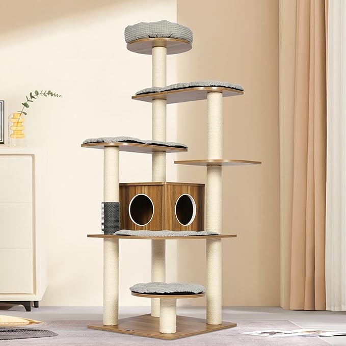 Tall Wooden Cat Tree, 69.3 Inch Modern Cat Tower for Indoor Cats, Multi-Level Cat Condo with 5 Scratching Posts, Perch, Cat Furniture for Big Cats, Rustic Brown