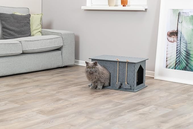 TRIXIE Lene Felt Cat Condo - Indoor Cat Furniture - Small Hideaway Cave with Hanging Toy and Jute Scratching Pads - Gray