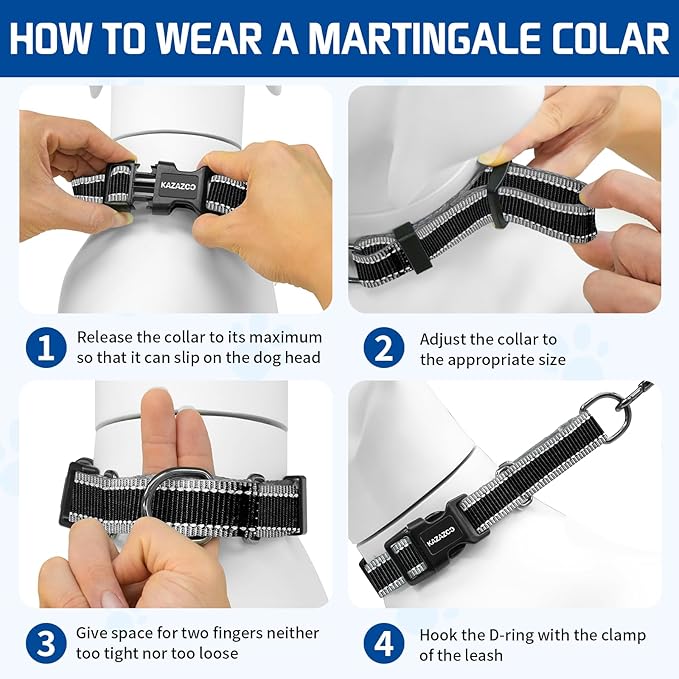 Kazazoo Reflective Martingale Collar for Dogs with Quick Release Buckle Adjustable Soft Durable Dog Collar for Small Medium Large No Pull Training Dog Collars-Black S