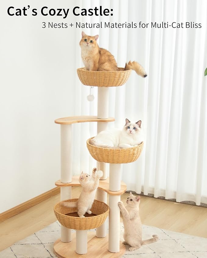 Modern Cat Tree for Large Cats, Wood Cat Tower 3 Condo Perch Heavy DutyBase with Cotton Scratch Post for Indoor Big Cats (90755)
