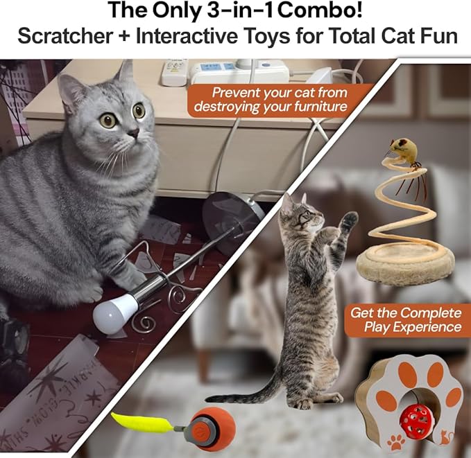 Kitty Kurlz Cat Toy - Interactive Cat Scratcher Set with Flexible Cardboard Accordion, Plush Mouse & Magic Organ Toy - 3-Pack Entertainment Bundle for Indoor Cats