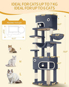 79.9 inch Cat Tree for Indoor Cats, Multi-Layer Scratching Post with Large Platform, 2 Caves, 7 Sisal Posts, Pompoms, Cat Basket, Hammock, Suitable for Cats, Dark Gray MS20318SG