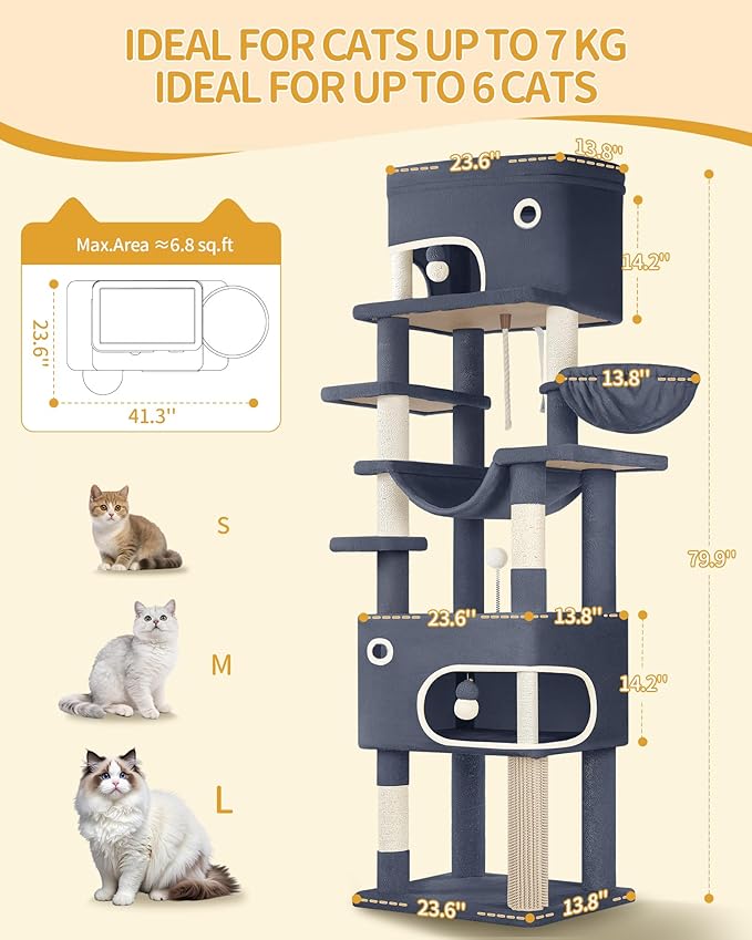 79.9 inch Cat Tree for Indoor Cats, Multi-Layer Scratching Post with Large Platform, 2 Caves, 7 Sisal Posts, Pompoms, Cat Basket, Hammock, Suitable for Cats, Dark Gray MS20318SG