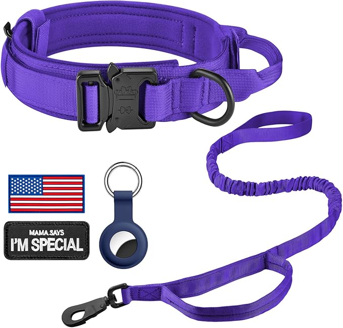 DAGANXI Tactical Dog Collar, Adjustable Military Training Nylon Dog Collar with Control Handle and Heavy Metal Buckle for Medium and Large Dogs, with Patches and Airtags Case (Purple-Set, L)