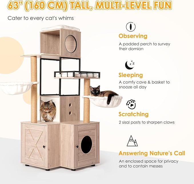 Modern 63 Inch Cat Tree with Litter Box Enclosure, an All-in-One Cat Tower Featuring Dual Condos, Washable Cushions, and Sisal Scratching Posts for Indoor Cats, Rustic Gray