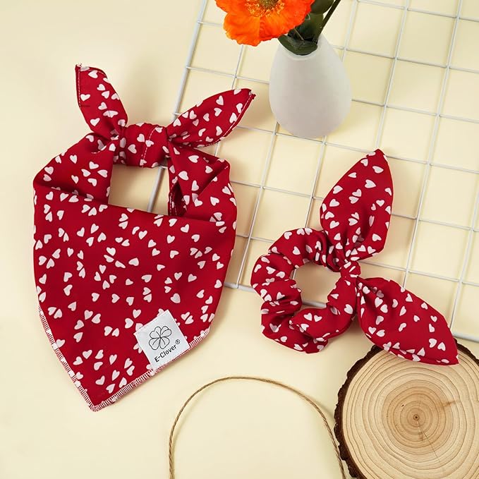 E-Clover Mother's Day Dog Bandana & Matching Scrunchie-Heart Dog Bandanas Red Pet Scarf Bib for Small Dogs Puppy Girl Boy Owner Valentines Mom Gift
