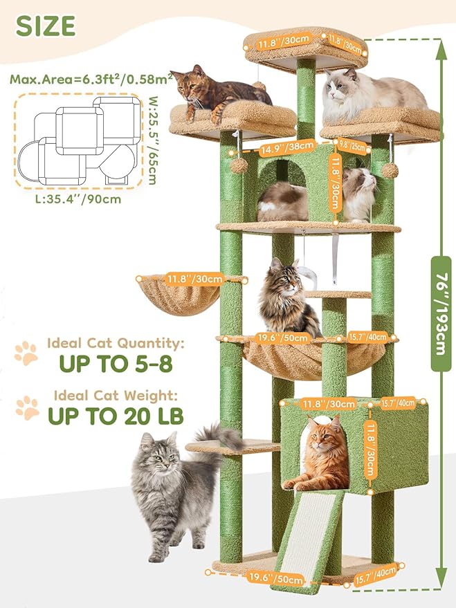 Taoqimiao 76-Inch Cat Tree XXL for Large Cats, Giant Cat Tower with Scratching Board, Extra-Large Metal Hammock, 3 Perches, 7 Sisal Posts, 2 Big Condos, Hanging Basket, Cactus, MS047T