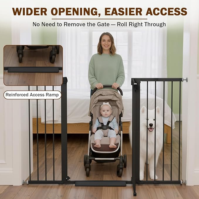 Mumeasy 36" Extra Tall Baby Gate for Doorways, 29.7"-57" Extra Wide Dog Gate for Stairs, Pressure Mounted Auto Close Pet Safety Gate with Easy Walk Thru Door, Large Indoor Child Gate for House, Black