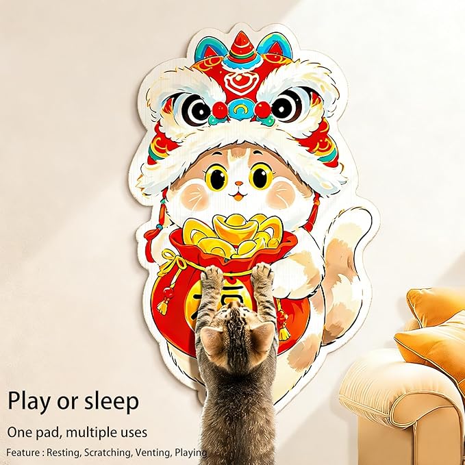 Cartoon Cat Scratching Mat, Cute Wall Cat Scratcher for Christmas, New Year, Pet Scratching Pad with Self-Adhesive Backing, Furniture Protector for Couch Door Sofa Indoor (Lion Dance)