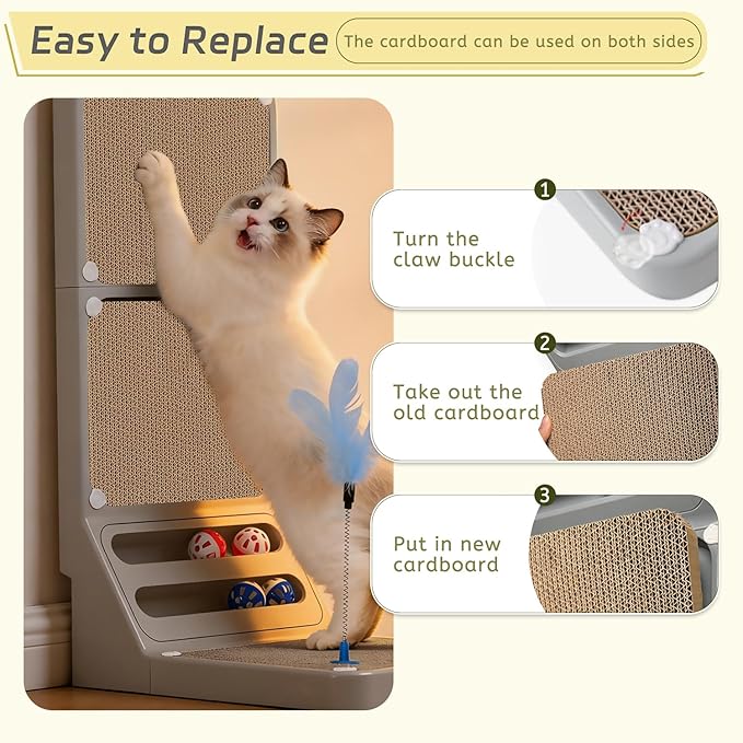 Cat Scratcher Cat Scratch Pad L Shape Wall Mounted Dual Use (Vert/Horiz) Kitten Bunifa Scratching Card Board Vertical Post with Ball Toys Feathers (Cat Scratching Post Accessories)
