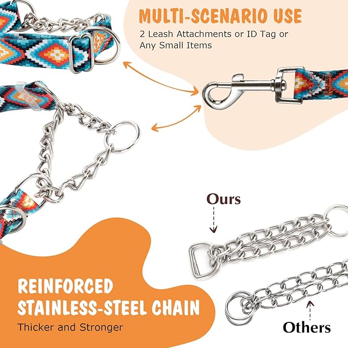 Martingale Dog Collar with Chain, No Pull Slip Cinch Choker Choke Collar Western Boho Aztec Duty Dog Collar for Medium Large Extra Large Pet Dogs,Western M
