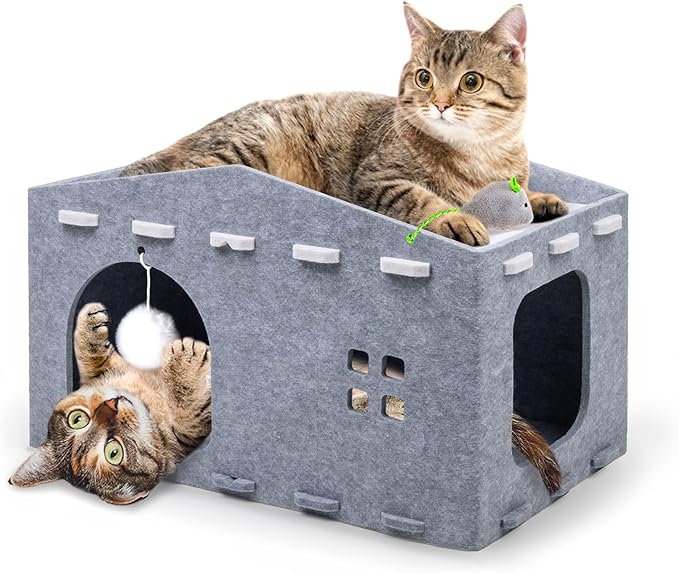 Cat House for Indoor Cats, Cat Beds Peekaboo Pet Cave with Fluffy Ball and Catnip Toy for Multiple Large Cats Up to 33 Lbs Foldable Cat Hideaway Scratch Resistant for Kitten Kitty (Grey
