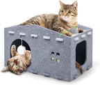 Cat House for Indoor Cats, Cat Beds Peekaboo Pet Cave with Fluffy Ball and Catnip Toy for Multiple Large Cats Up to 33 Lbs Foldable Cat Hideaway Scratch Resistant for Kitten Kitty (Grey