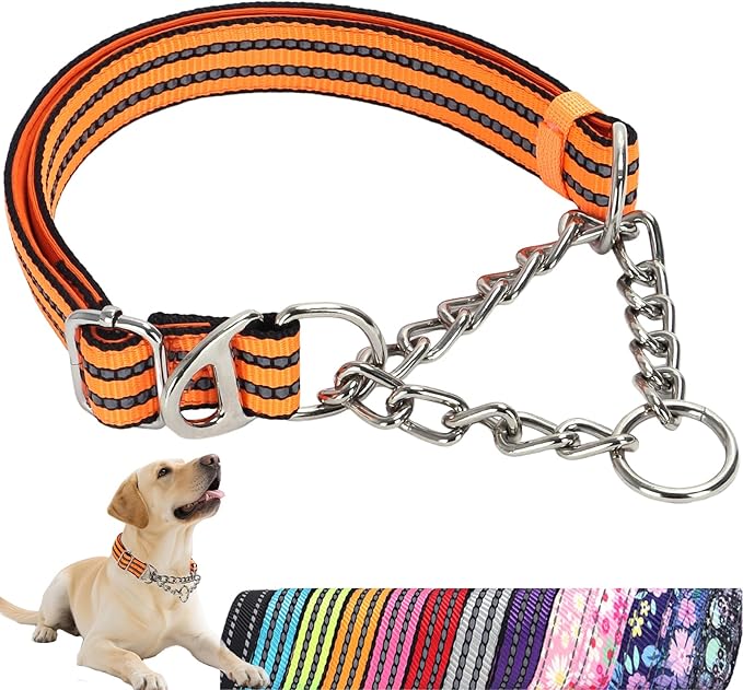 No-Pull Martingale Dog Collar for Medium Large Extra Large and XXL Dogs- Reflective Padded Strap & Durable Chain, Anti-Escape Design for Safe Walks & Training(Orange L)