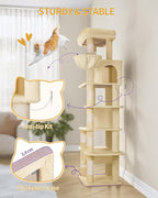 Cat Tree for Indoor Cats, 69.9 Inch Large Tall Cat Tower, Multi-Level Cats House with Condo, 8 Scratching Posts, Hammock, 4 Pom Poms, Beige MS17018YL