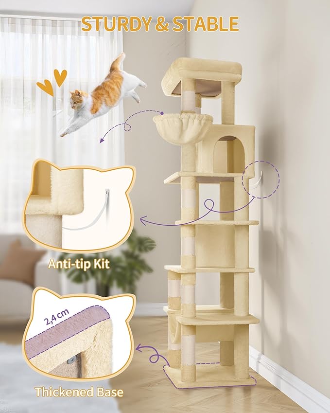 Cat Tree for Indoor Cats, 69.9 Inch Large Tall Cat Tower, Multi-Level Cats House with Condo, 8 Scratching Posts, Hammock, 4 Pom Poms, Beige MS17018YL