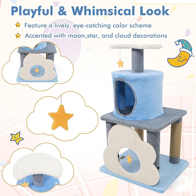 Tangkula Cute Cat Tree, 31.5 Inch Multi-Level Cat Tower with Jute Scratching Posts, Condo, Top Perch, Hanging Toy, Moon & Star & Cloud-Shaped Accents for Indoor Cats (Blue)