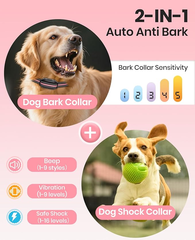 2-in-1 Bark Collar & Shock Collar for Dogs, 3300Ft Dog Training Collar with Remote 2 Pack - Anti Bark/Beep/Vibration/Shock 4 Modes, IP67 Smart Dog E Collar with 5 Adjustable Sensitivity for All Breeds