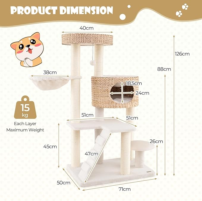 PETSITE 50 inch Cattail Cat Tree Tower, Multi-Level Cat Tower with Sisal Scratching Posts, Condo, Side Basket, Ladder, and Top Perch with Removable Soft Cushion, Modern Cat Tree for Indoor Cats