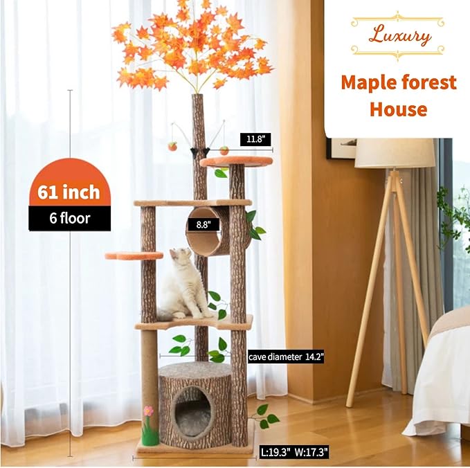 61 inches high, 6-Layer Platform Pets Cat Tree cat Tower for Indoor cat with Leaves,Sisal-Covered Scratching Post and Condo