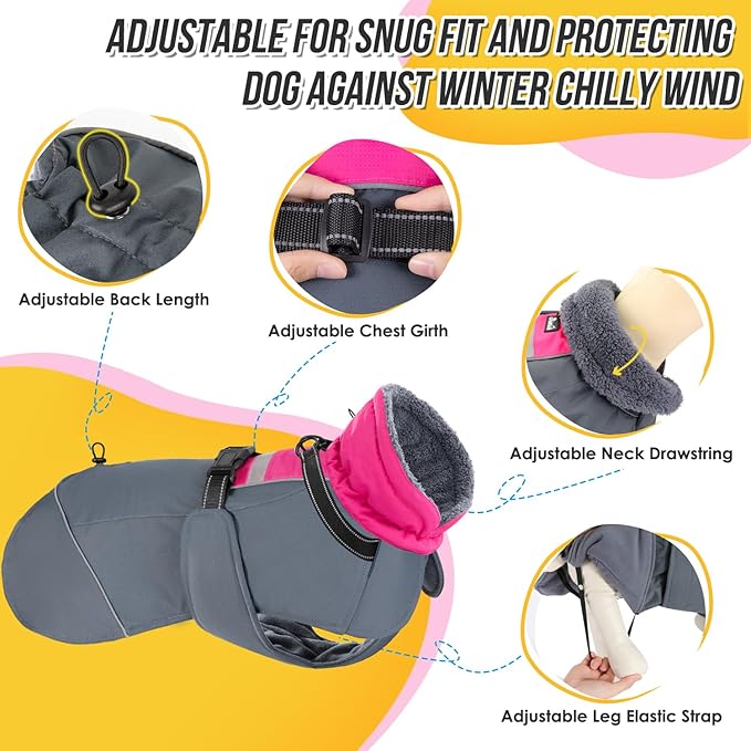 SlowTon Dog Winter Coat, Windproof 3 Layers Thick Warm Fleece Lining Dog Jacket for Cold Weather, Reflective Dogs Apparel with Leash Opening for Medium Large Dogs(Fuchsia,2XL)