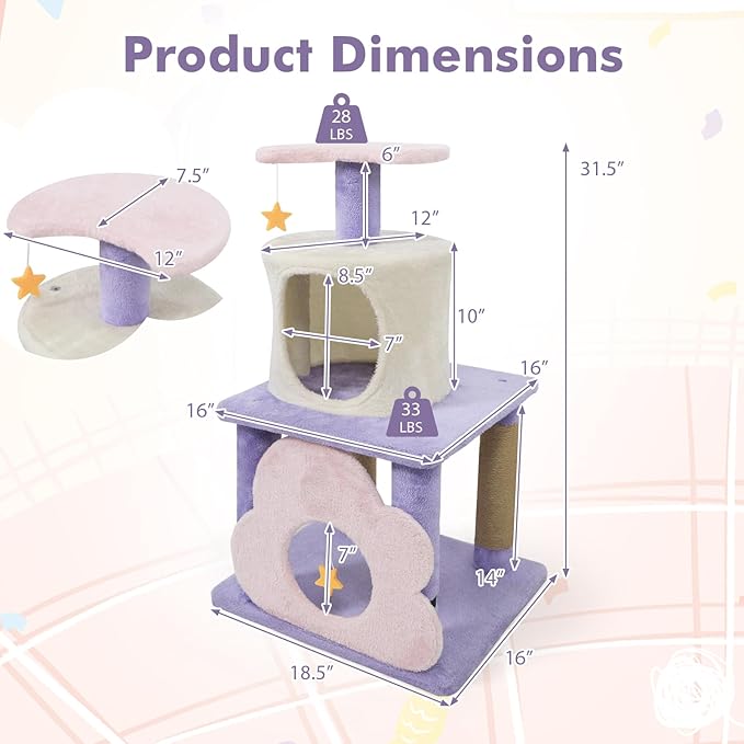Tangkula Cute Cat Tree, 31.5 Inch Multi-Level Cat Tower with Jute Scratching Posts, Condo, Top Perch, Hanging Toy, Moon & Star & Cloud-Shaped Accents for Indoor Cats (Purple+Pink+White)