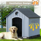 PUKAMI Dog House Outdoor Indoor for Medium Large Dogs, Plastic Dog House Weatherproof, Sturdy Puppy Shelter with Air Vents and Elevated Floor, Easy Clean and Assemble (Grey, 31.5"D x 33.5"W x 33.9"H)