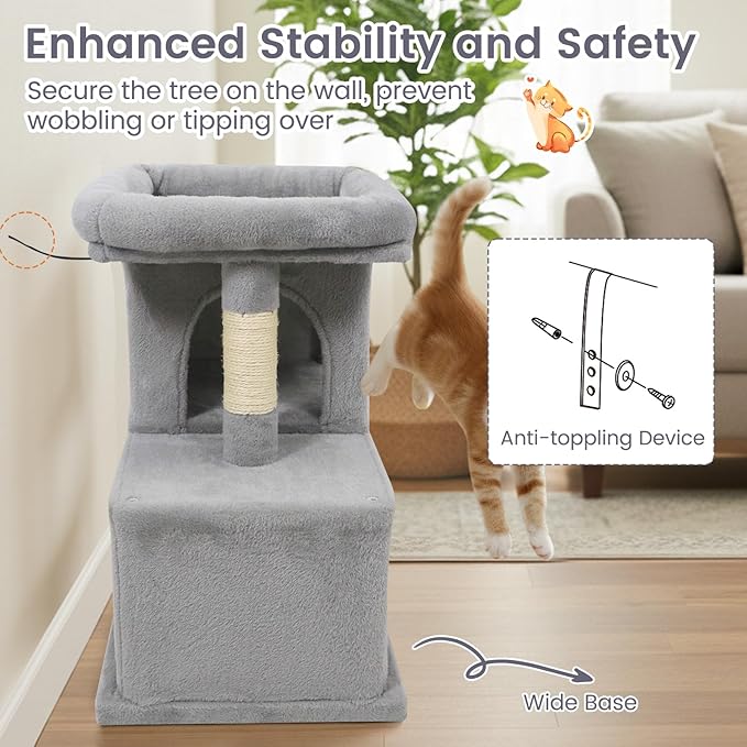 Tangkula Small Cat Tree for Indoor Cats, 25.5 Inch Cat Tower with Sisal Scratching Posts, 2 Large Cat Condos with Padded Top Perch, Modern Cat Climbing Furniture for Adult Cats & Kittens (Light Gray)