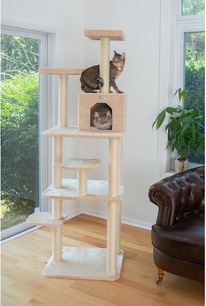 Cat Tree 74" - 7 Level Faux Fur Tower with Playhouse & Perches - Easy Assembly