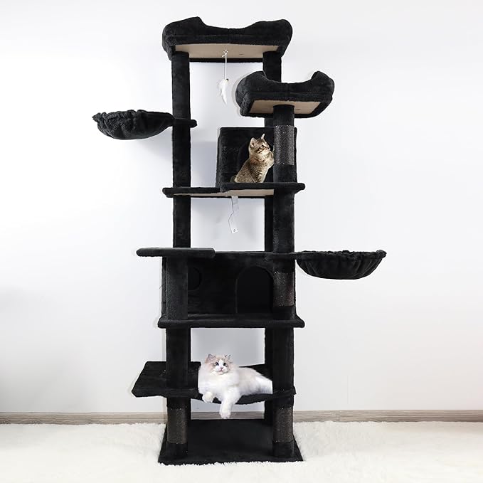 68 Inch Multi-Level Large Cat Tree - Sisal Scratching Posts & Removable Cushions, Cozy Hammock and Comfortable Hideaway, Tall Cat Tower for Indoor Cats (Black + Particle Board)