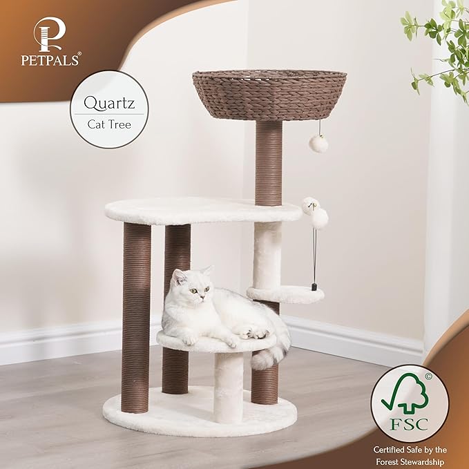 PetPals 5-Level 35" Cat Tree Tower with Paper Handwoven Basket Bed,Multi-Level Climbing Activity Tower with Replaceable Paper Rope Scratching Posts (Cream and Brown)