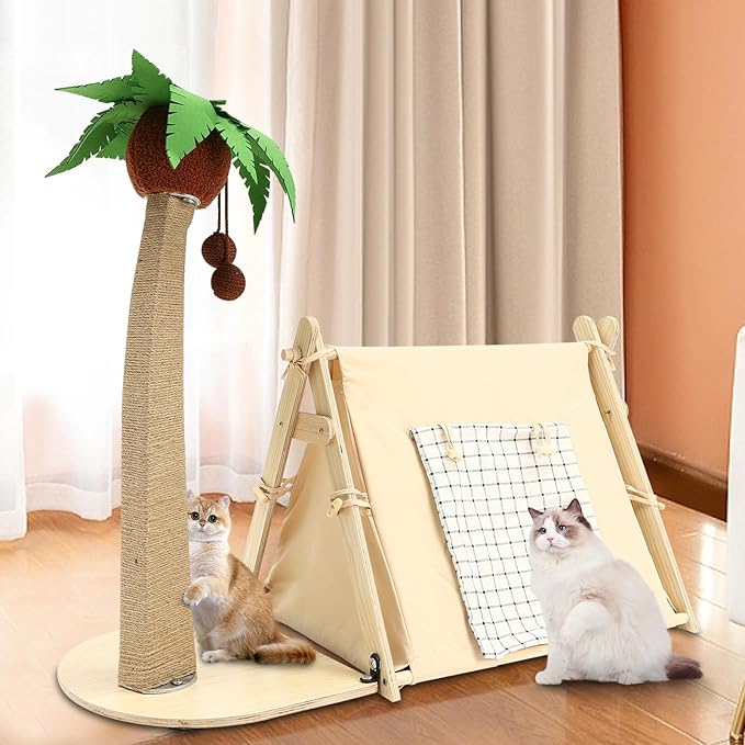 Cat Tree with Tent, 2-in-1 Cat Bed & Scratching Post, 29.5in Jute Coconut Tree with Hanging Toys, Large Cat Cave Bed 21.6x16.9in, Double-Sided Pad, Roll-up Curtain