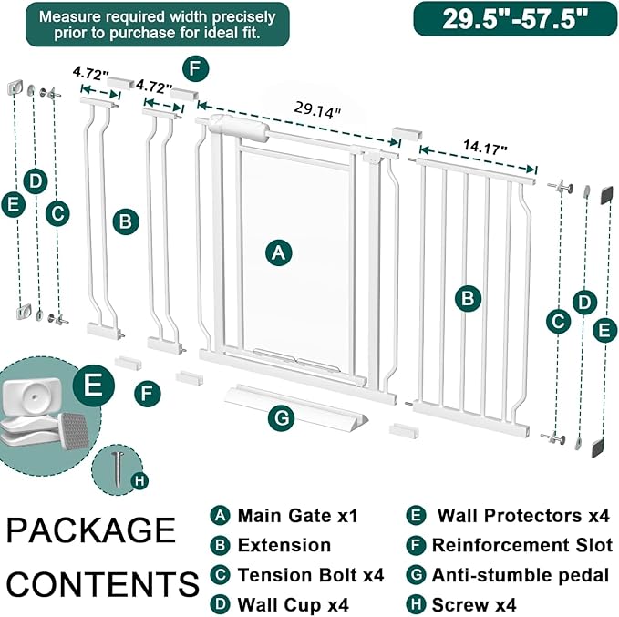 TSAYAWA Triple Lock Clear Acrylic Baby Gate 29.5"-57.5, Extra Wide Auto Close Dog Gate for Doorways, Pressure Mount Indoor Child Safety Barrier for Toddlers and Pets, White